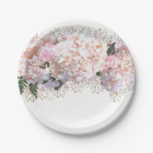Romantic white pink hydrangeas, pink white flowers paper plates