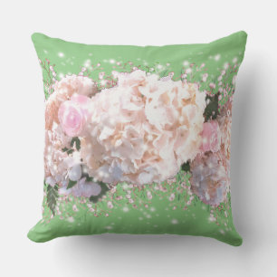 Romantic white pink hydrangeas, pink white flowers throw pillow