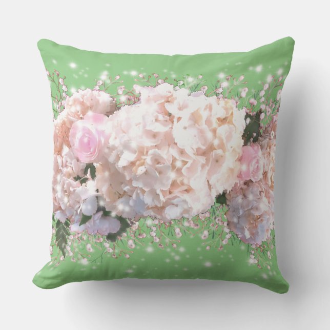 Romantic white pink hydrangeas, pink white flowers throw pillow (Front)