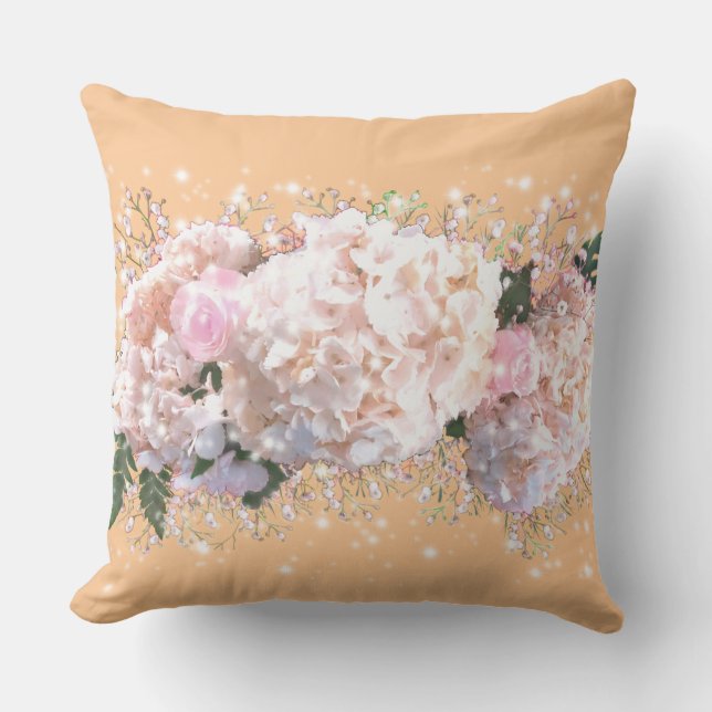 Romantic white pink hydrangeas, pink white flowers throw pillow (Front)