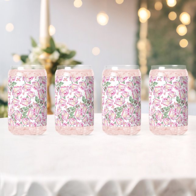 Romantic white pink yellow summer rose floral can glass (Insitu (Wedding))