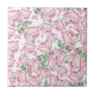 Romantic white pink yellow summer rose floral ceramic tile