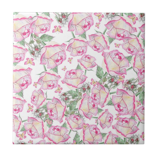 Romantic white pink yellow summer rose floral ceramic tile (Front)