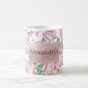 Romantic white pink yellow summer rose floral coffee mug