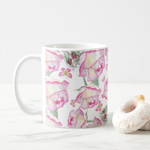 Romantic white pink yellow summer rose floral coffee mug
