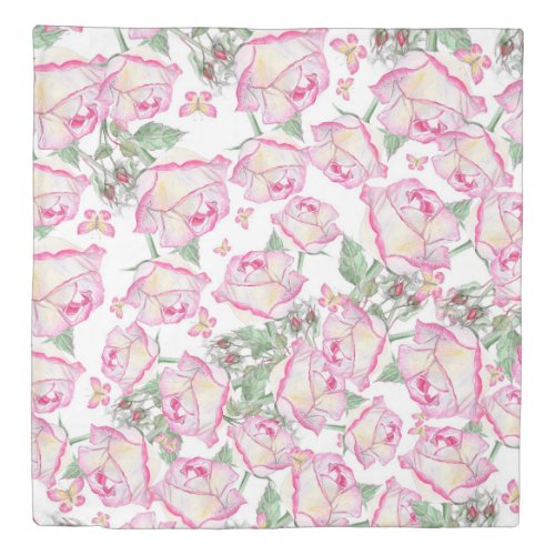 Romantic white pink yellow summer rose floral duvet cover