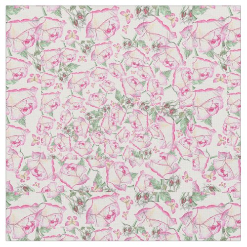 Romantic white pink yellow summer rose floral fabric