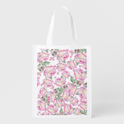 Romantic white pink yellow summer rose floral grocery bag
