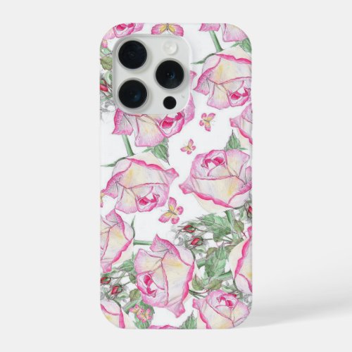 Romantic white pink yellow summer rose floral iPhone 15 pro case