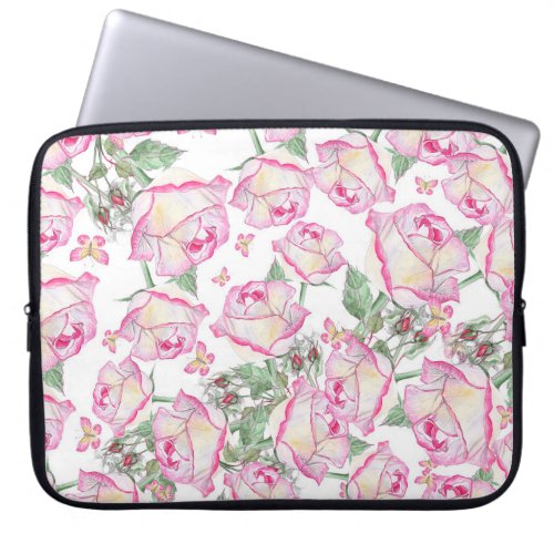 Romantic white pink yellow summer rose floral laptop sleeve