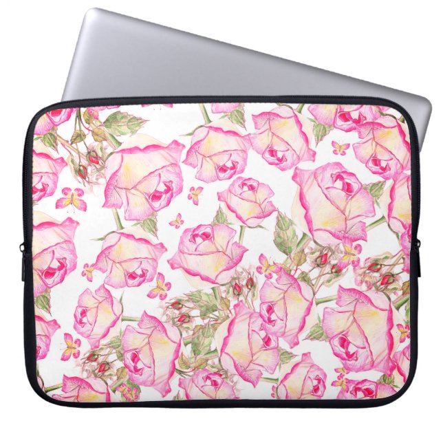 Romantic white pink yellow summer rose floral laptop sleeve (Front)