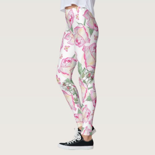 Romantic white pink yellow summer rose floral leggings