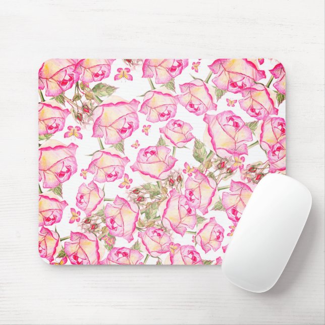 Romantic white pink yellow summer rose floral mouse pad (With Mouse)