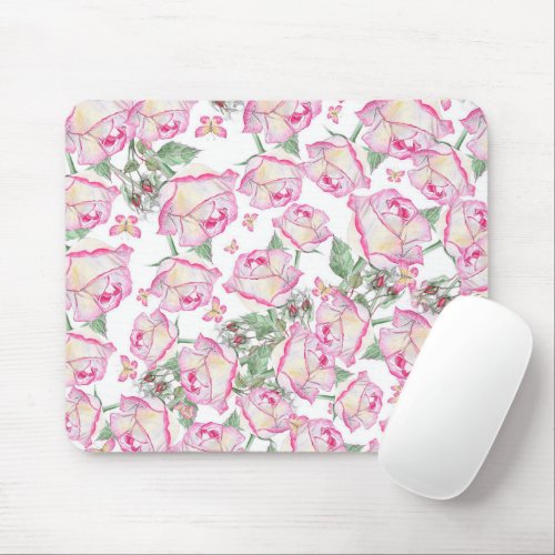Romantic white pink yellow summer rose floral mouse pad