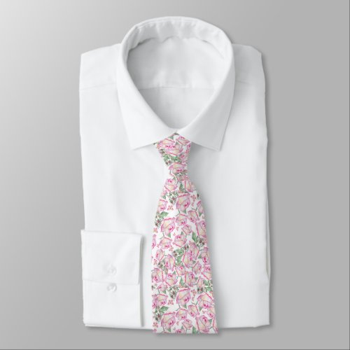 Romantic white pink yellow summer rose floral neck tie
