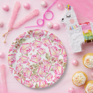 Romantic white pink yellow summer rose floral paper plates