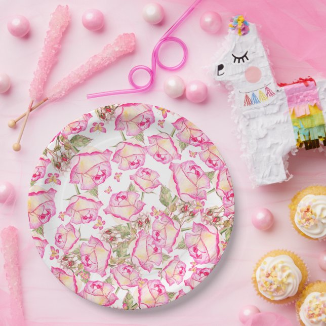 Romantic white pink yellow summer rose floral paper plates (Party)