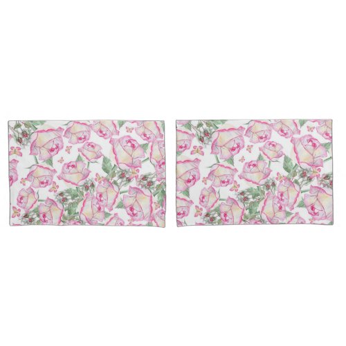 Romantic white pink yellow summer rose floral pillow case