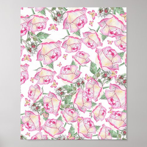 Romantic white pink yellow summer rose floral poster