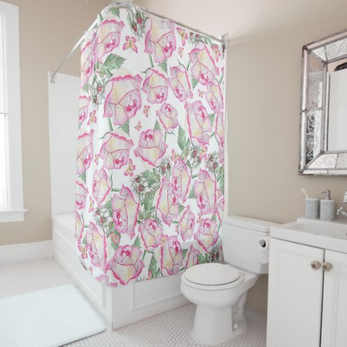Romantic white pink yellow summer rose floral shower curtain