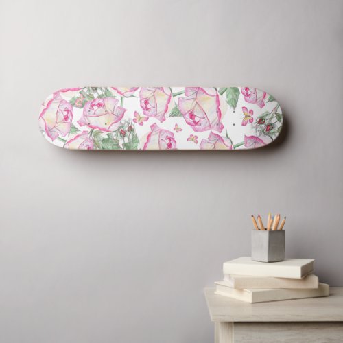 Romantic white pink yellow summer rose floral skateboard