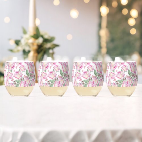 Romantic white pink yellow summer rose floral stemless wine glass