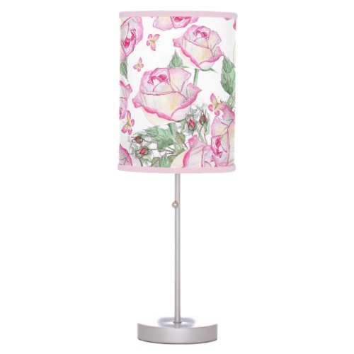 Romantic white pink yellow summer rose floral table lamp