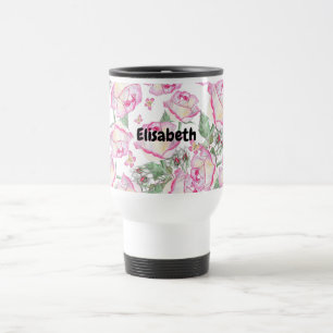 Romantic white pink yellow summer rose floral travel mug