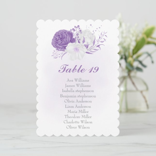 romantic white purple botanical seating chart card (Standing Front)