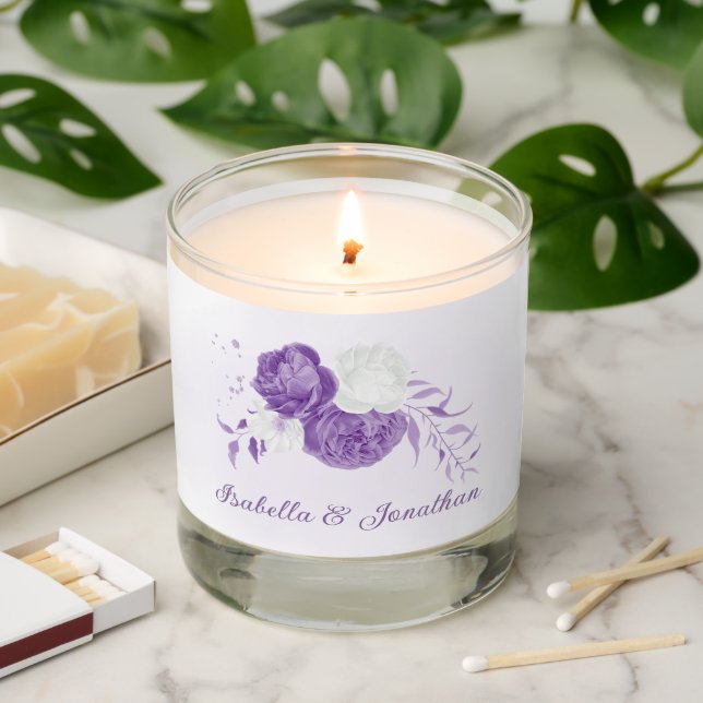 romantic white purple botanical wedding scented candle (Lit)