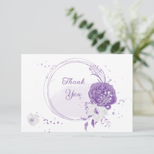 romantic white purple botanical wedding thank you card