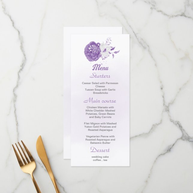 romantic & white purple floral wedding menu (Front/Back In Situ)