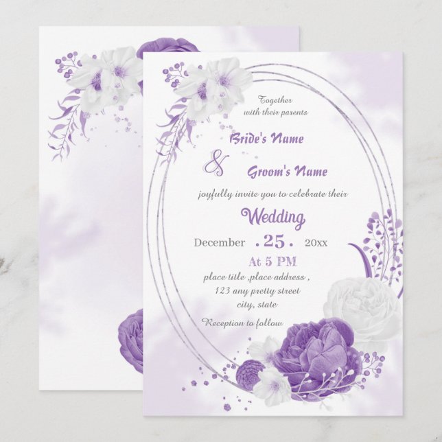romantic white & purple flowers geometric wedding  invitation (Front/Back)