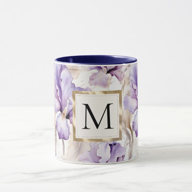 Romantic White Purple Iris Floral Monogram Mug (Center)