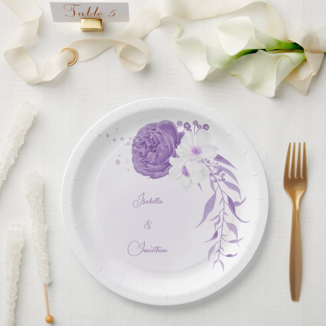 romantic white & purple weddin paper plates (Wedding)