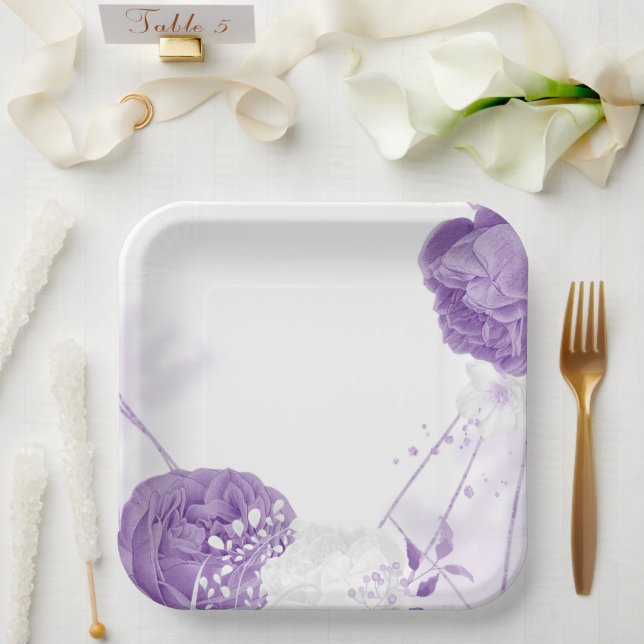 romantic white & purple wedding paper plates (Wedding)