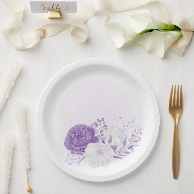 romantic white & purple wedding paper plates (Wedding)
