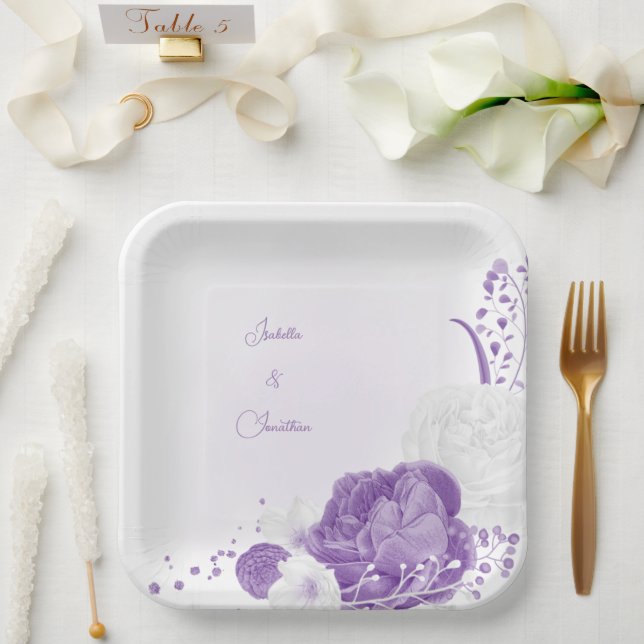 romantic white & purple wedding paper plates (Wedding)