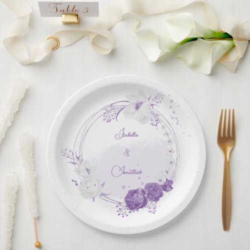 romantic white  purple wedding paper plates