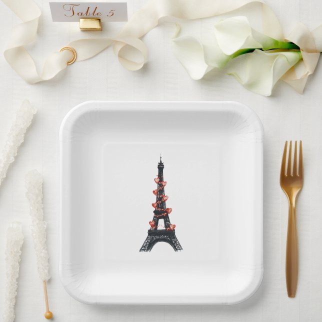 Romantic White Red Hearts Eiffel Tower Wedding Paper Plates (Wedding)