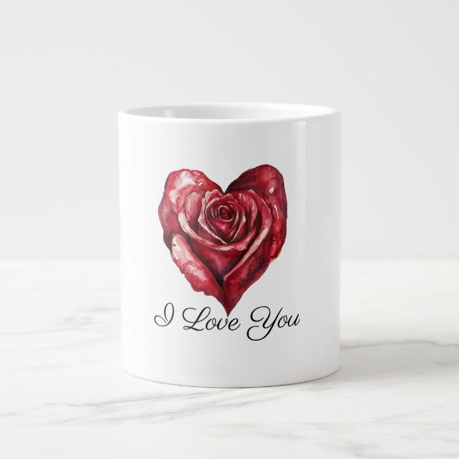 Romantic White Red Rose Heart Love Giant Coffee Mug (Front)