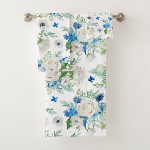 Romantic White Rose  Blue Floral Pattern Bath Towel Set