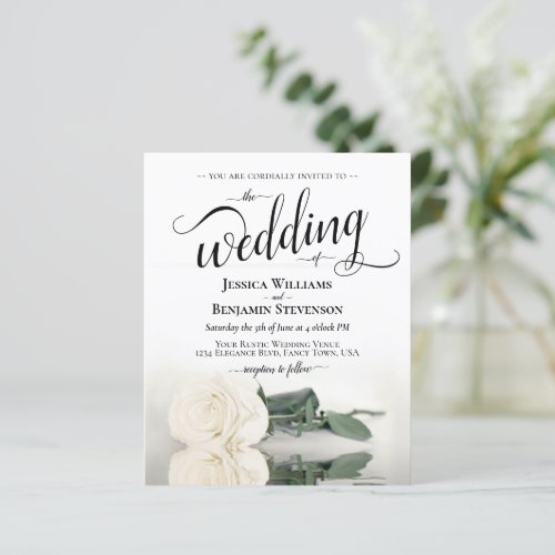 Romantic White Rose BUDGET Wedding Invitation