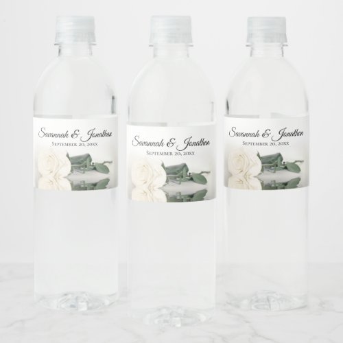 Romantic White Rose Couples Names Elegant Wedding Water Bottle Label