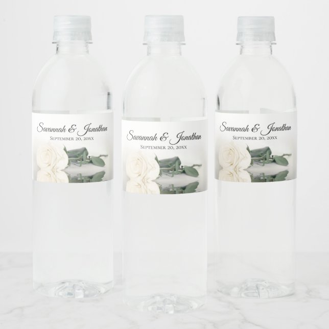 Romantic White Rose Couple's Names Elegant Wedding Water Bottle Label (Bottles)