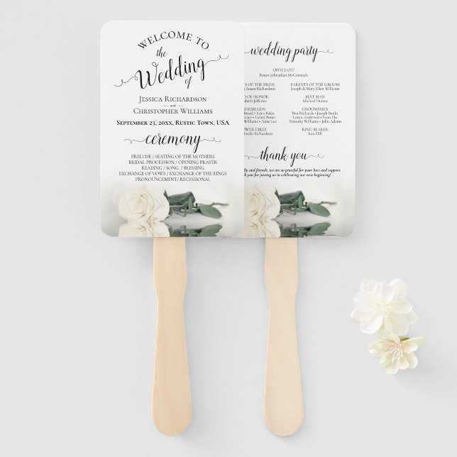 Romantic White Rose Elegant Wedding Program Hand Fan (Front and Back)