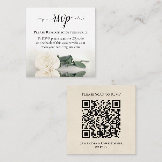 Romantic White Rose Elegant Wedding RSVP QR Code Enclosure Card (Front/Back)