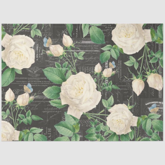 Romantic White Rose Ephemera Collage Tissue Paper (Front)