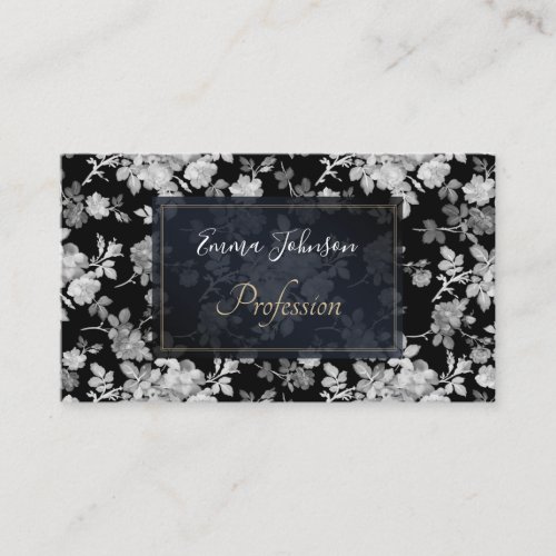 Romantic White Rose Floral Painting Black Pattern Business Card