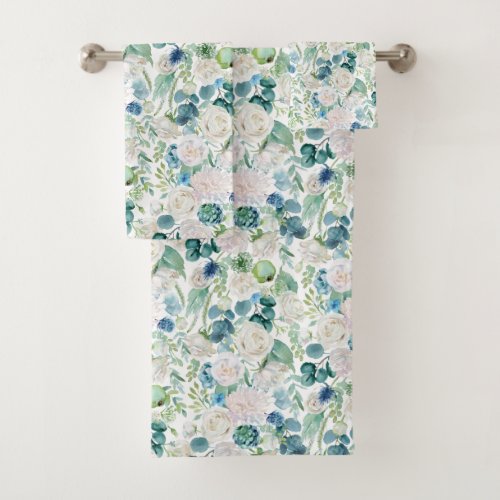 Romantic White Rose Floral Pattern Bath Towel Set